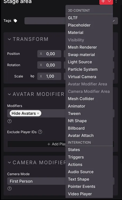 The add component menu open on an entity, listing components grouped under 3D Content and Interaction, including Actions and Triggers.