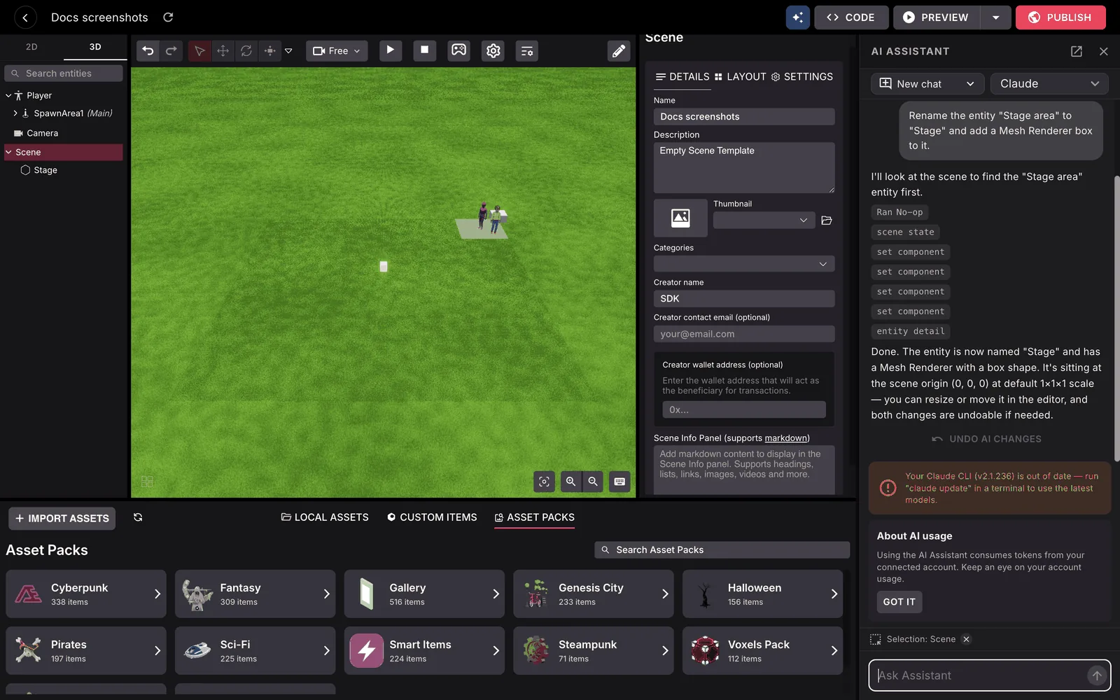 The full Scene Editor with the AI Assistant panel docked on the right, the renamed Stage entity visible in the entity tree, and the assistant's reply ending with Undo AI changes.
