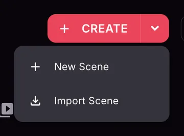 The Create button dropdown, open, with the options New Scene and Import Scene.