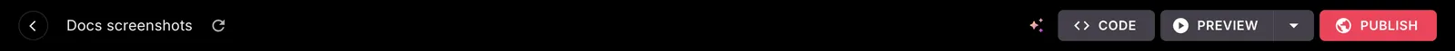 The editor top bar, with the scene name on the left and the sparkles AI Assistant icon, Code, Preview and Publish buttons on the right.