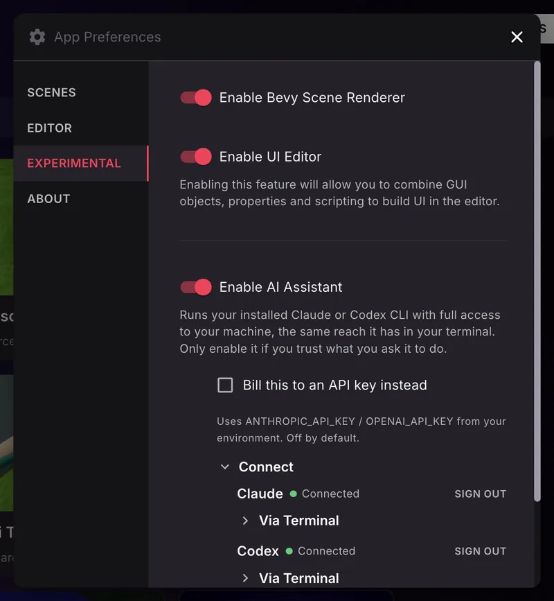 The App Preferences dialog on the EXPERIMENTAL tab, with the Enable Bevy Scene Renderer switch.