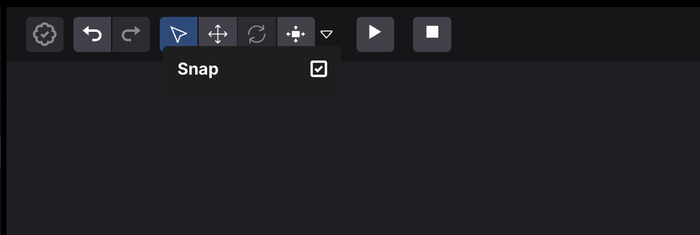 The 2D toolbar, with the All changes saved badge, undo and redo, the Free, Move and Resize tools, and the snap dropdown open showing a checked Snap option, followed by the play and stop buttons.
