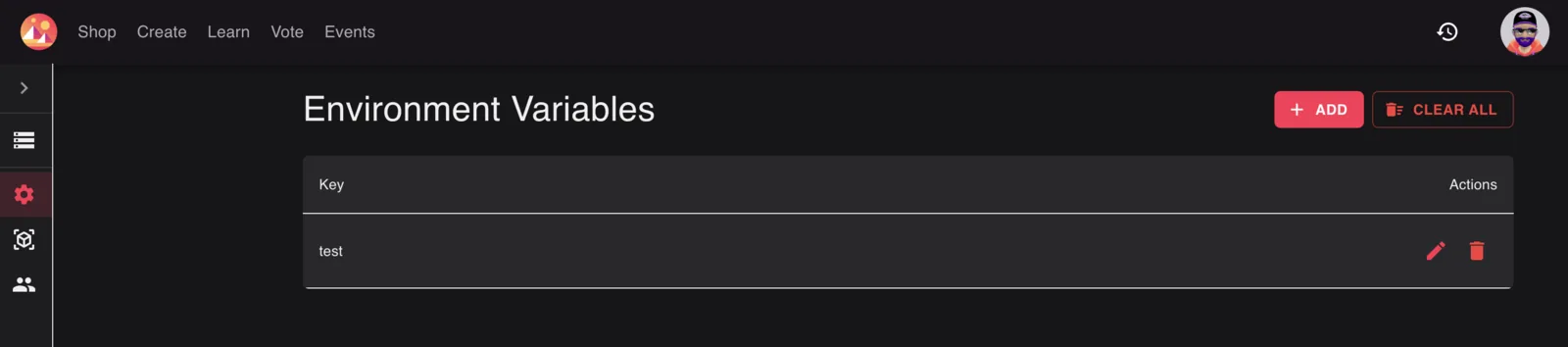 Environment variables tab