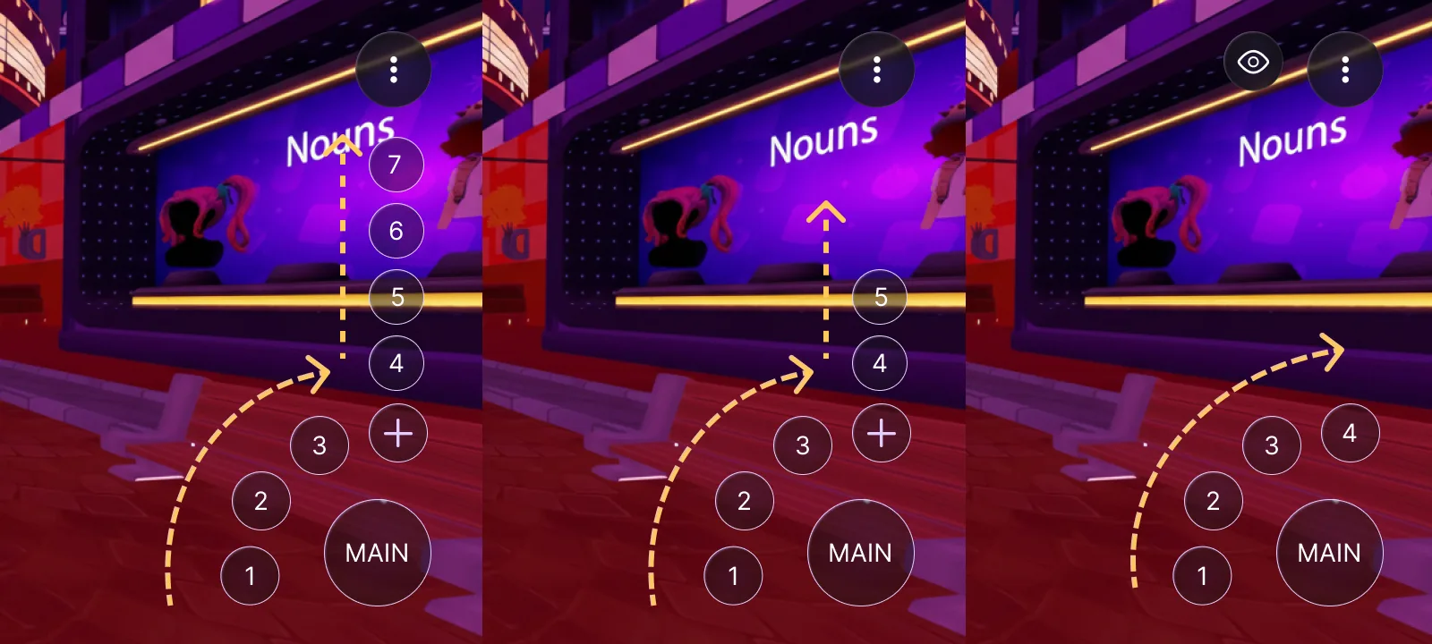Three HUDs showing the gamepad reflowing as the number of visible buttons changes